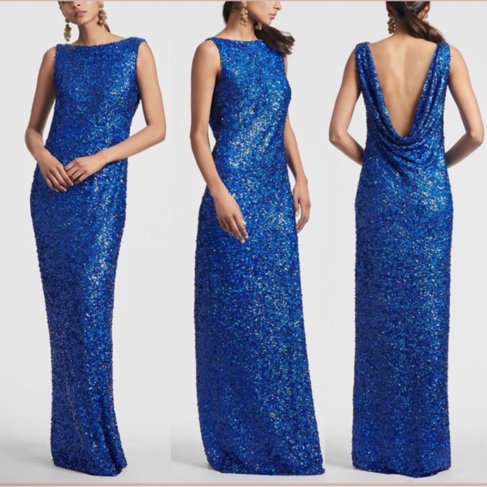 Sachin & Babi Mariah Embellished Sequin Boat Neck Draped Open Back Gown -Reemoly
